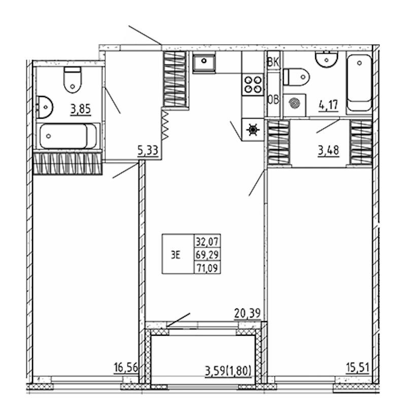 2-комнатная квартира 71.09 м², 5/12 эт., ЖК «UP! Квартал Воронцовский»